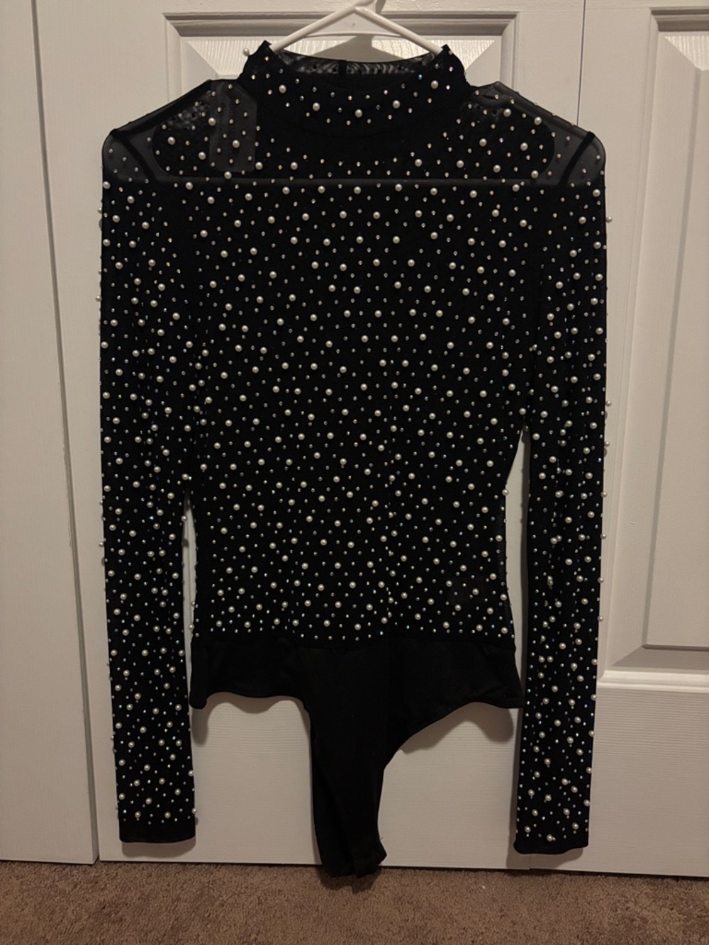 Windsor Black Pearl-Studded Long Sleeve Bodysuit